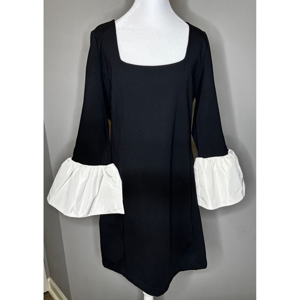 Loft Women's Square Neck Flounce Cuff Lined Shift Dress Black Party Size 12 NWT